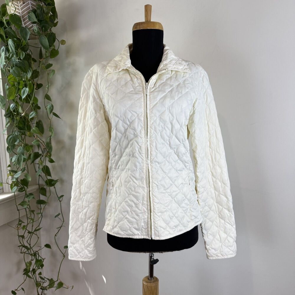 Eddie Bauer Cream White Goose Down Quilted Jacket | Zip Front Lightweight Coat